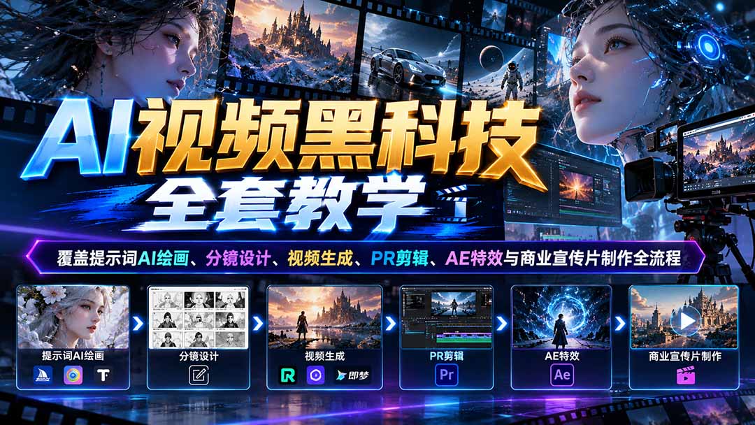 AI视频黑科技全套教学:覆盖提示词AI绘画、分镜设计、视频生成、PR剪辑、AE特效与商业宣传片制作全流程-云创网:网创终点站
