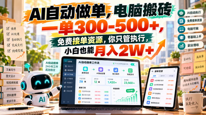 AI自动做单，电脑搬砖一单300-500+，免费接单资源，你只管执行，小白也能月入2W+【揭秘】-云创网:网创终点站