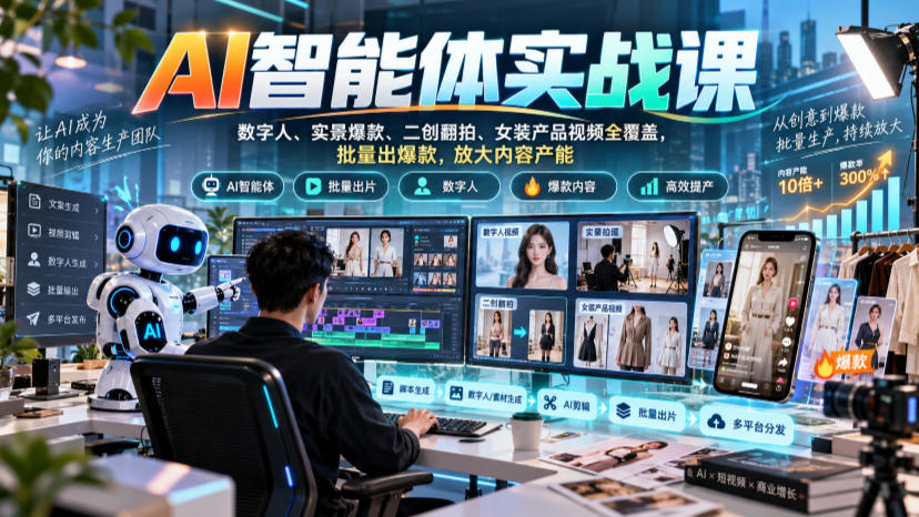 AI智能体实战课,数字人、实景爆款、二创翻拍、女装产品视频全覆盖,批量出爆款,放大内容产能-云创网:网创终点站