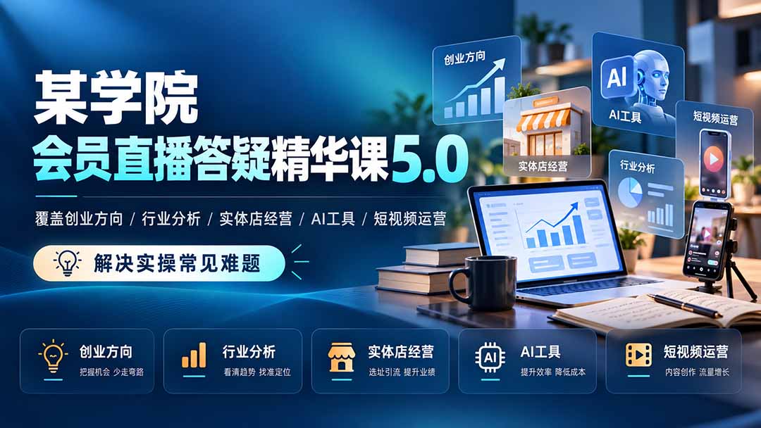 某学院会员直播答疑精华课5.0:覆盖创业方向、行业分析、实体店经营、AI工具和短视频运营,解决实操常见难题!-云创网:网创终点站