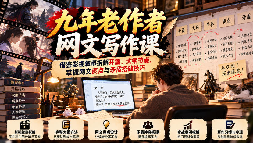 九年老作者网文写作课:借鉴影视叙事拆解开篇、大纲节奏,掌握网文爽点与矛盾搭建技巧-云创网:网创终点站