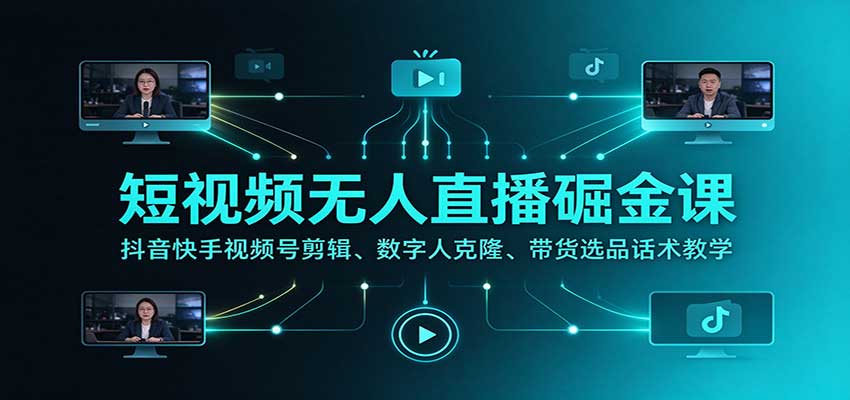 短视频无人直播掘金课:抖音快手视频号剪辑、数字人克隆、带货选品话术教学-云创网:网创终点站