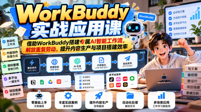 WorkBuddy实战应用课，借助WorkBuddy搭建专属AI智能工作流，解放重复劳动，提升内容生产与项目搭建效率-云创网:网创终点站