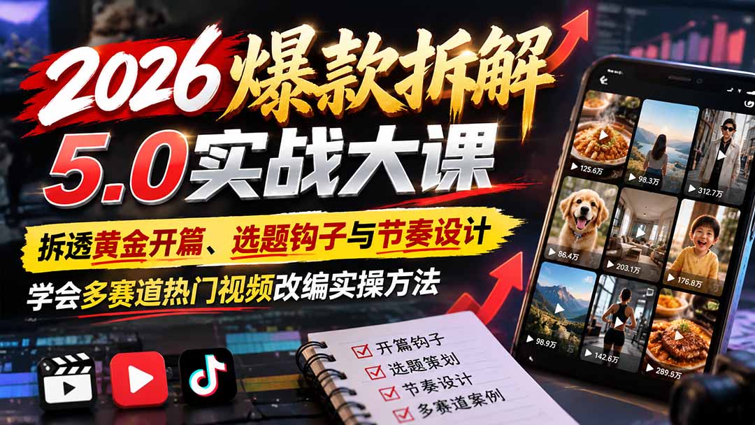 2026爆款拆解5.0实战大课:拆透黄金开篇、选题钩子与节奏设计,学会多赛道热门视频改编实操方法-云创网:网创终点站