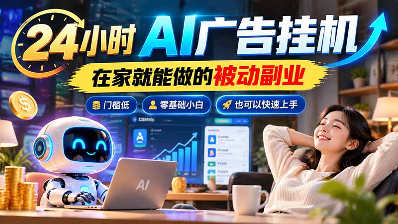 24小时AI广告挂机|在家就能做的被动副业,门槛低,零基础小白也可以快速上手-云创网:网创终点站