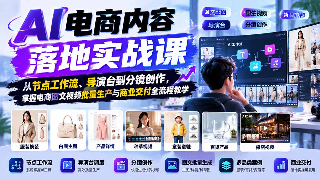 AI电商内容落地实战课：从节点工作流、导演台到分镜创作，掌握电商图文视频批量生产与商业交付全流程教学-云创网:网创终点站