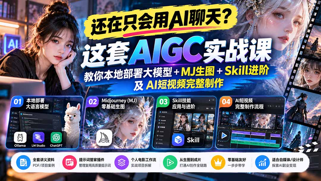 【无水印】还在只会用AI聊天？这套AIGC实战课教你本地部署大模型+MJ生图+Skill进阶及AI短视频完整制作-云创网:网创终点站