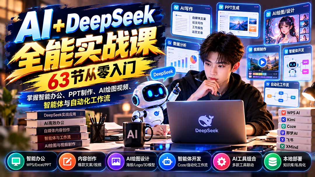 AI+DeepSeek全能实战课：63节从零入门，掌握智能办公、PPT制作、AI绘图视频、智能体与自动化工作流-云创网:网创终点站