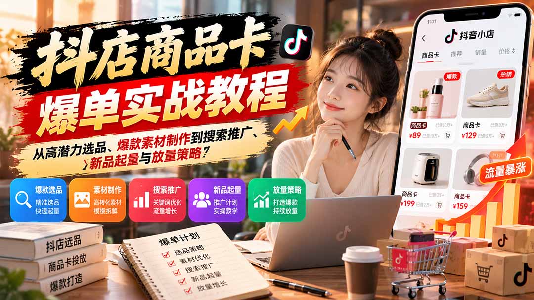 抖店商品卡爆单实战教程:从高潜力选品、爆款素材制作到搜索推广、新品起量与放量策略-云创网:网创终点站