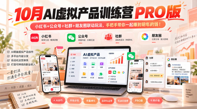 10月AI虚拟产品训练营PRO版,小红书+公众号+社群+朋友圈联动玩法,手把手带你一起赚到明年的钱!(更新1024)-云创网:网创终点站