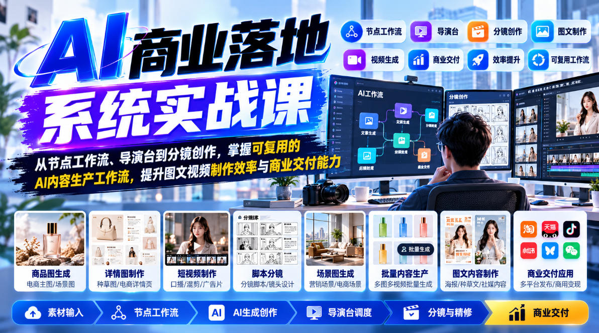【无水印】AI商业落地系统实战课，从节点工作流、导演台到分镜创作，掌握可复用的AI内容生产工作流，提升图文视频制作效率与商业交付能力-云创网:网创终点站