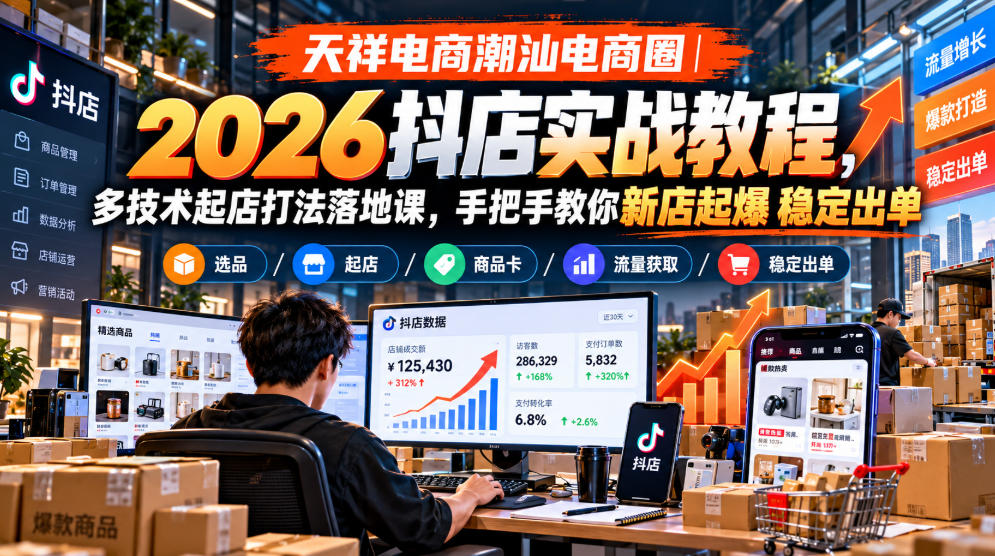天祥电商潮汕电商圈|2026抖店实战教程,多技术起店打法落地课,手把手教你新店起爆稳定出单-云创网:网创终点站