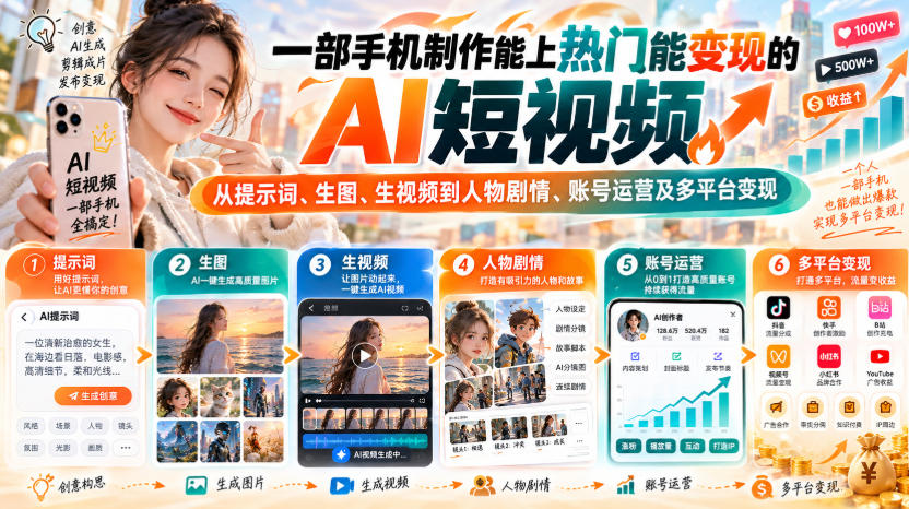 【无水印】一部手机制作能上热门能变现的AI短视频,从提示词、生图、生视频到人物剧情、账号运营及多平台变现(更新)-云创网:网创终点站