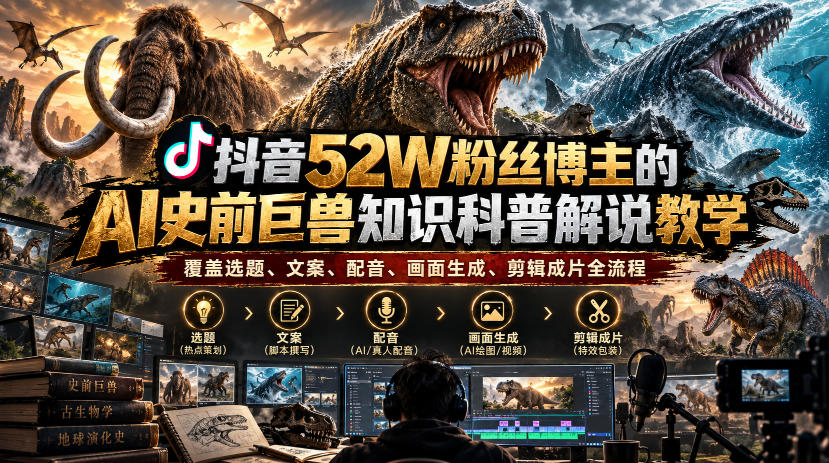 抖音52W粉丝博主的AI史前巨兽知识科普解说教学,覆盖选题、文案、配音、画面生成、剪辑成片全流程-云创网:网创终点站