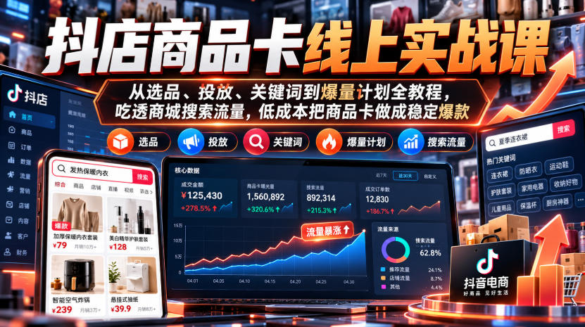 抖店商品卡线上实战课|从选品、投放、关键词到爆量计划全教程,吃透商城搜索流量,低成本把商品卡做成稳定爆款-云创网:网创终点站