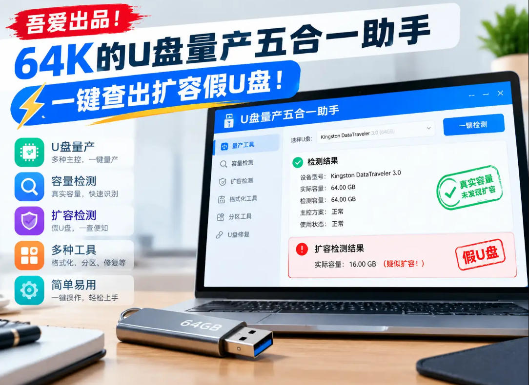 吾爱出品！64K的U盘量产五合一助手，一键查出扩容假U盘！-云创网:网创终点站