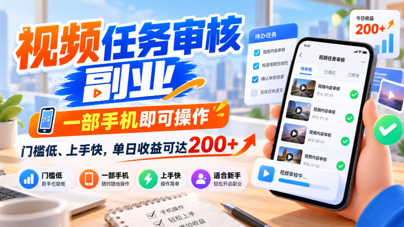 视频任务审核副业,一部手机即可操作,门槛低、上手快,单日收益可达200+【揭秘】-云创网:网创终点站