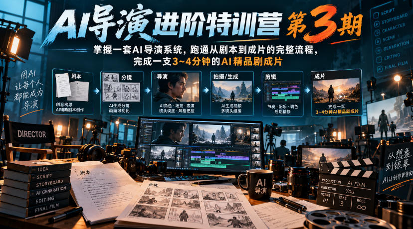 AI导演进阶特训营第3期，掌握一套AI导演系统，跑通从剧本到成片的完整流程，完成一支3~4分钟的AI精品剧成片(附1、2期)-云创网:网创终点站