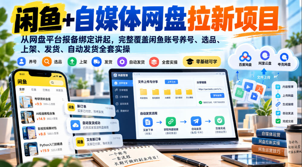 闲鱼+自媒体网盘拉新项目，从网盘平台报备绑定讲起，完整覆盖闲鱼账号养号、选品、上架、发货、自动发货全套实操-云创网:网创终点站