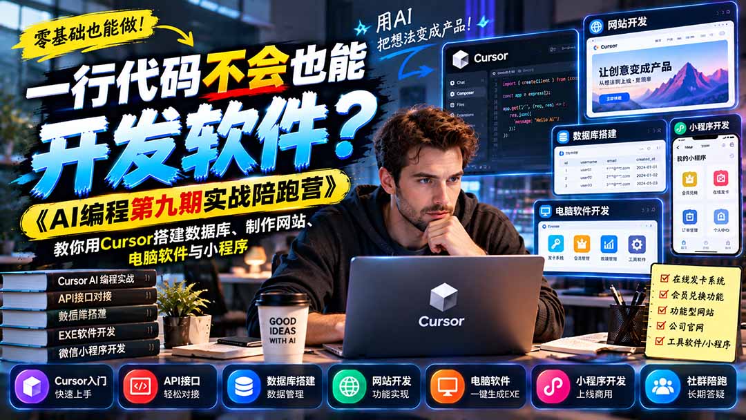 一行代码不会也能开发软件?《AI编程第九期实战陪跑营》教你用Cursor搭建数据库、制作网站、电脑软件与小程序-云创网:网创终点站