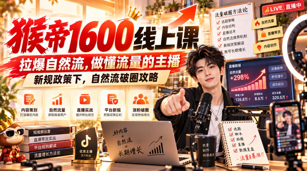 猴帝1600线上课,拉爆自然流,做懂流量的主播,新规政策下,自然流破圈攻略【更新261023】-云创网:网创终点站