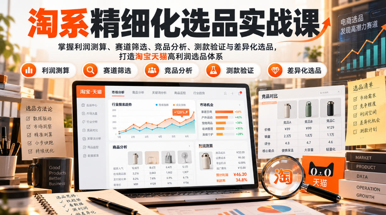 货架电商精细化选品实战课:掌握利润测算、赛道筛选、竞品分析、测款验证与差异化选品,打造淘宝天猫高利润选品体系-云创网:网创终点站