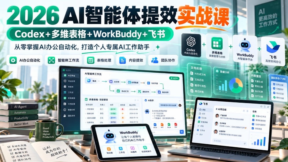 2026 AI智能体提效实战课:Codex+多维表格+WorkBuddy+飞书,从零掌握AI办公自动化,打造个人专属AI工作助手-云创网:网创终点站