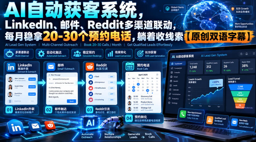 【无水印】AI自动获客系统,LinkedIn、邮件、Reddit多渠道联动,每月稳拿20-30个预约电话,躺着收线索【原创双语字幕】-云创网:网创终点站