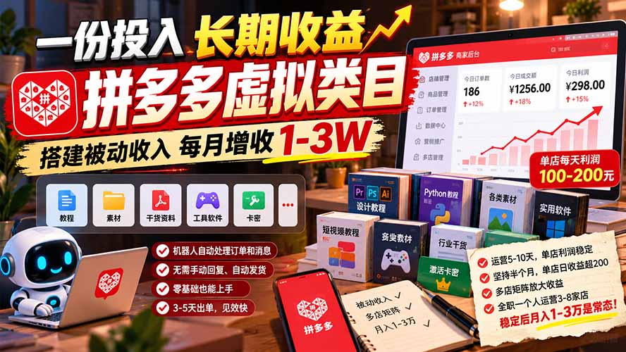 一份投入长期收益,拼多多虚拟类目,搭建被动收入每月增收 1-3W-云创网:网创终点站