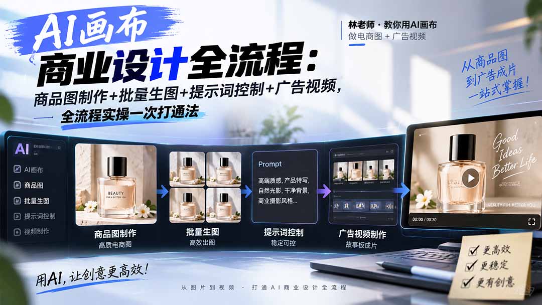 AI画布商业设计全流程-更新1026:商品图制作+批量生图+提示词控制+广告视频,全流程实操一次打通法-云创网:网创终点站