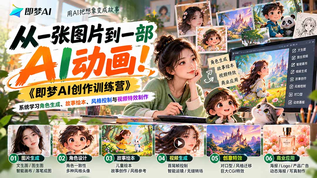 【无水印】从一张图片到一部AI动画!《即梦AI创作训练营》系统学习角色生成、故事绘本、风格控制与视频特效制作-云创网:网创终点站