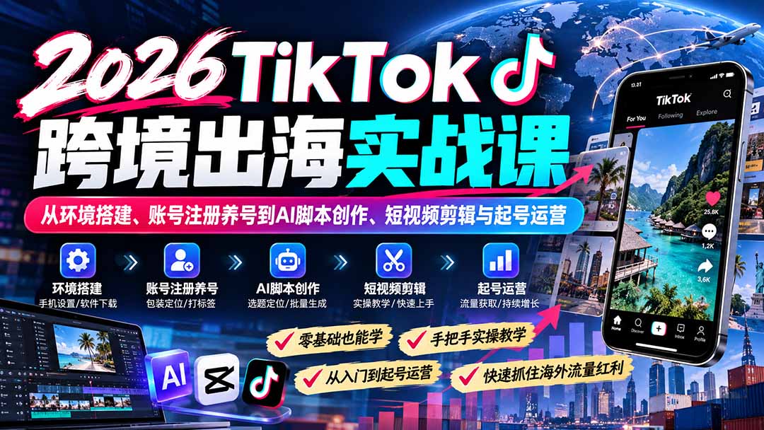 2026TikTok跨境出海实战课:从环境搭建、账号注册养号到AI脚本创作、短视频剪辑与起号运营-云创网:网创终点站