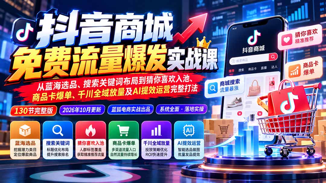 抖店城免费流量爆发实战-更新:蓝海选品、搜索关键词布局到猜你喜欢入池、商品卡爆单、千川全域放量及AI提效完整打法-云创网:网创终点站