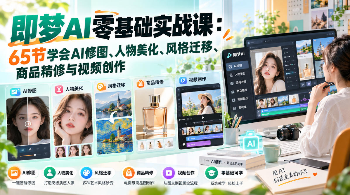 即梦AI零基础实战课:65节学会AI修图、人物美化、风格迁移、商品精修与视频创作-云创网:网创终点站