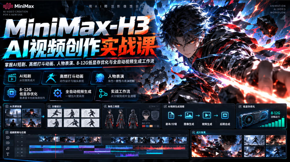 MiniMax-H3 AI视频创作实战课,掌握AI短剧、高燃打斗动画、人物表演、8-12G低显存优化与全自动视频生成工作流-云创网:网创终点站