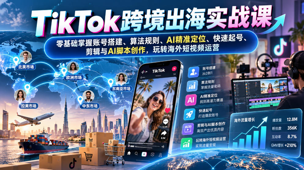 TikTok跨境出海实战课：零基础掌握账号搭建、算法规则、AI精准定位、快速起号、剪辑与AI脚本创作，玩转海外短视频运营-云创网:网创终点站