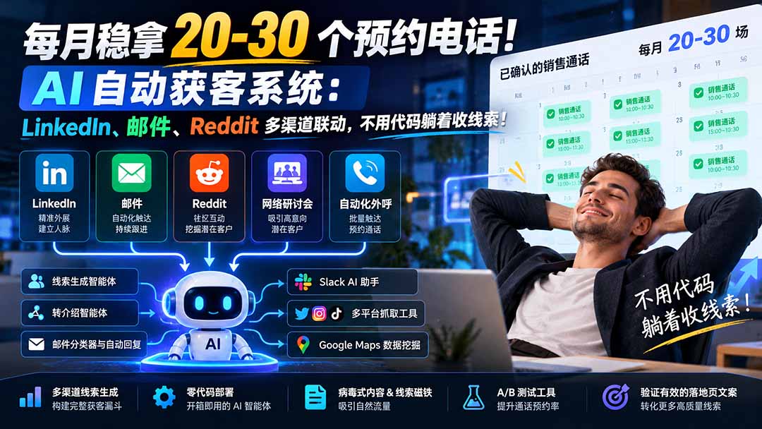 每月稳拿 20-30 个预约电话！AI 自动获客系统：LinkedIn、邮件、Reddit 多渠道联动，不用代码躺着收线索！-云创网:网创终点站