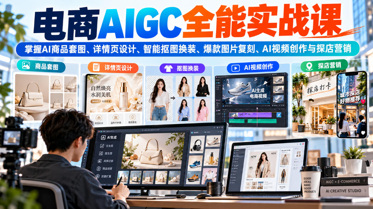 电商AIGC全能实战课:掌握AI商品套图、详情页设计、智能抠图换装、爆款图片复刻、AI视频创作与探店营销-云创网:网创终点站