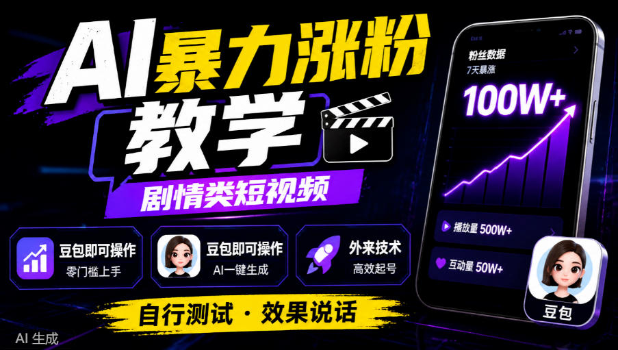AI暴力涨粉教学,剧情类短视频,豆包即可操作,外来技术,自行测试-云创网:网创终点站