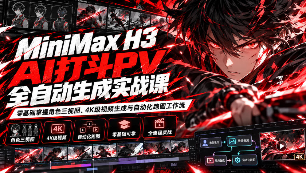 MiniMax H3 AI打斗PV全自动生成实战课:零基础掌握角色三视图、4K级视频生成与自动化跑图工作流-云创网:网创终点站