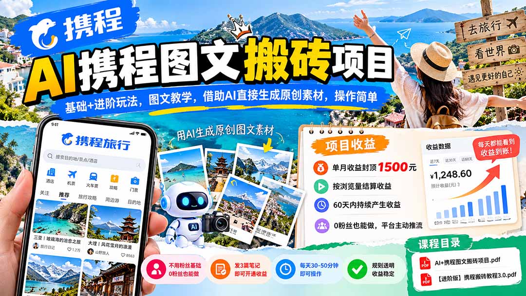 AI携程图文搬砖项目,基础+进阶玩法,图文教学,借助AI直接生成原创素材,操作简单-云创网:网创终点站