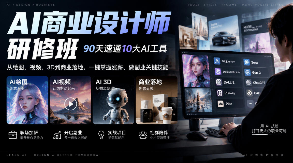 AI商业设计师研修班,90天速通10大AI工具,从绘图、视频、3D到商业落地,一键掌握涨薪、做副业关键技能-云创网:网创终点站