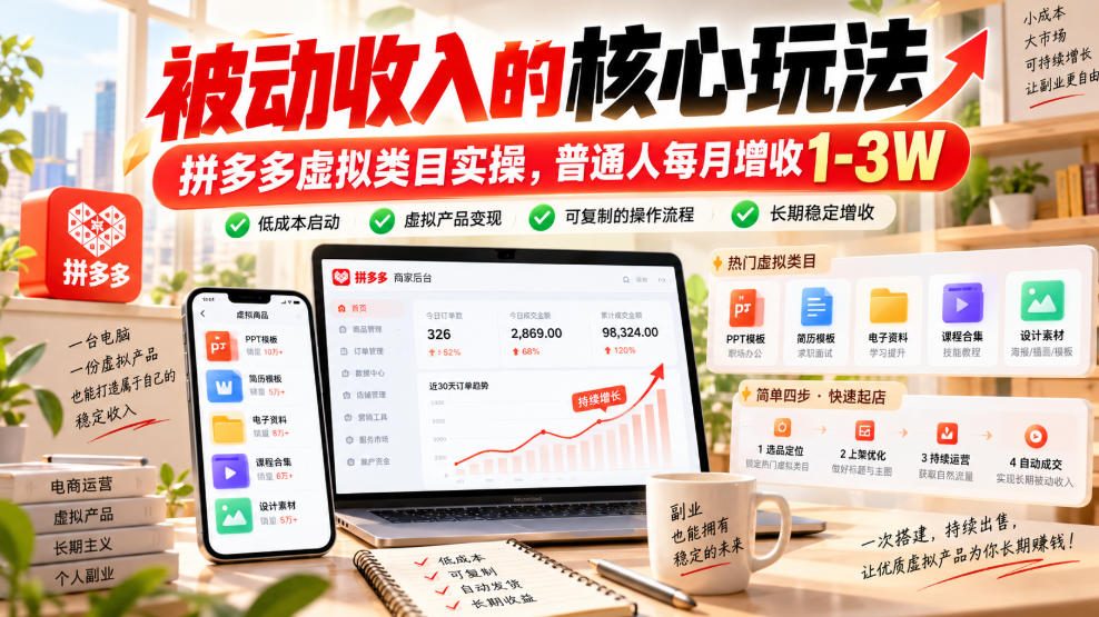 被动收入的核心玩法,拼多多虚拟类目实操,普通人每月增收1-3W【揭秘】-云创网:网创终点站