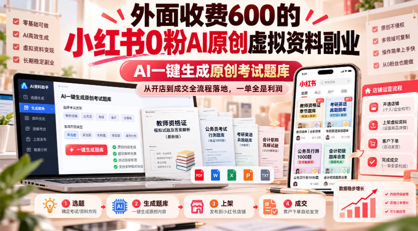外面收费600的小红书0粉AI原创虚拟资料副业,AI一键生成原创考试题库,从开店到成交全流程落地,一单全是利润-云创网:网创终点站