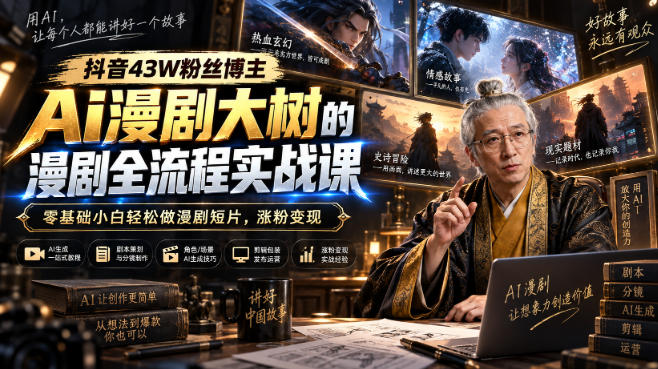 抖音43W粉丝博主Ai漫剧大树的漫剧制作全流程实战课，零基础小白轻松做漫剧短片，涨粉变现(更新1027)-云创网:网创终点站