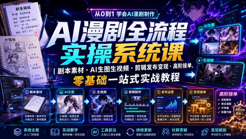 AI漫剧全流程实操系统课|剧本素材・AI生图生视频・剪辑发布变现・高阶接单,零基础一站式实战教程(更新1027)-云创网:网创终点站
