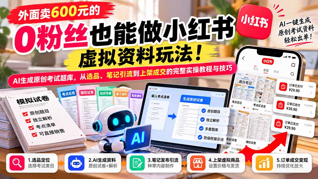 外面卖600元的 零粉丝也能做小红书虚拟资料玩法!AI生成原创考试题库,从选品、笔记引流到上架成交的完整实操教程-云创网:网创终点站