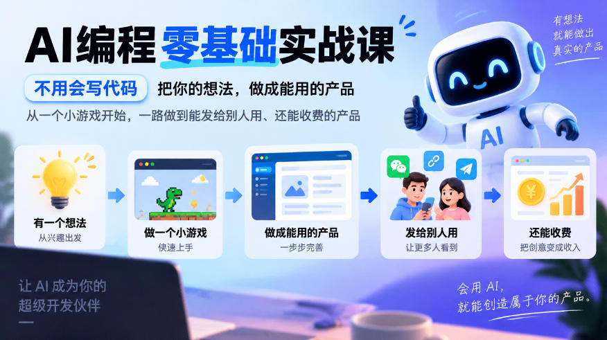 AI编程零基础实战课，不用会写代码，把你的想法，做成能用的产品，从一个小游戏开始，一路做到能发给别人用、还能收费的产品-云创网:网创终点站
