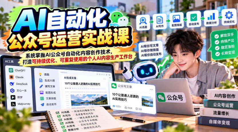 AI自动化公众号运营实战课,系统掌握AI公众号自动化内容创作技术,打造可持续优化、可重复使用的个人AI内容生产工作台-云创网:网创终点站