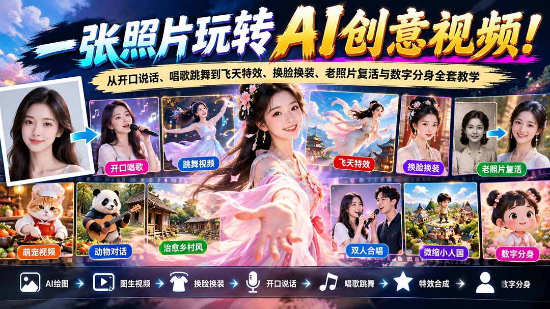 一张照片玩转AI创意视频!从开口说话、唱歌跳舞到飞天特效、换脸换装、老照片复活与数字分身全套教学-云创网:网创终点站